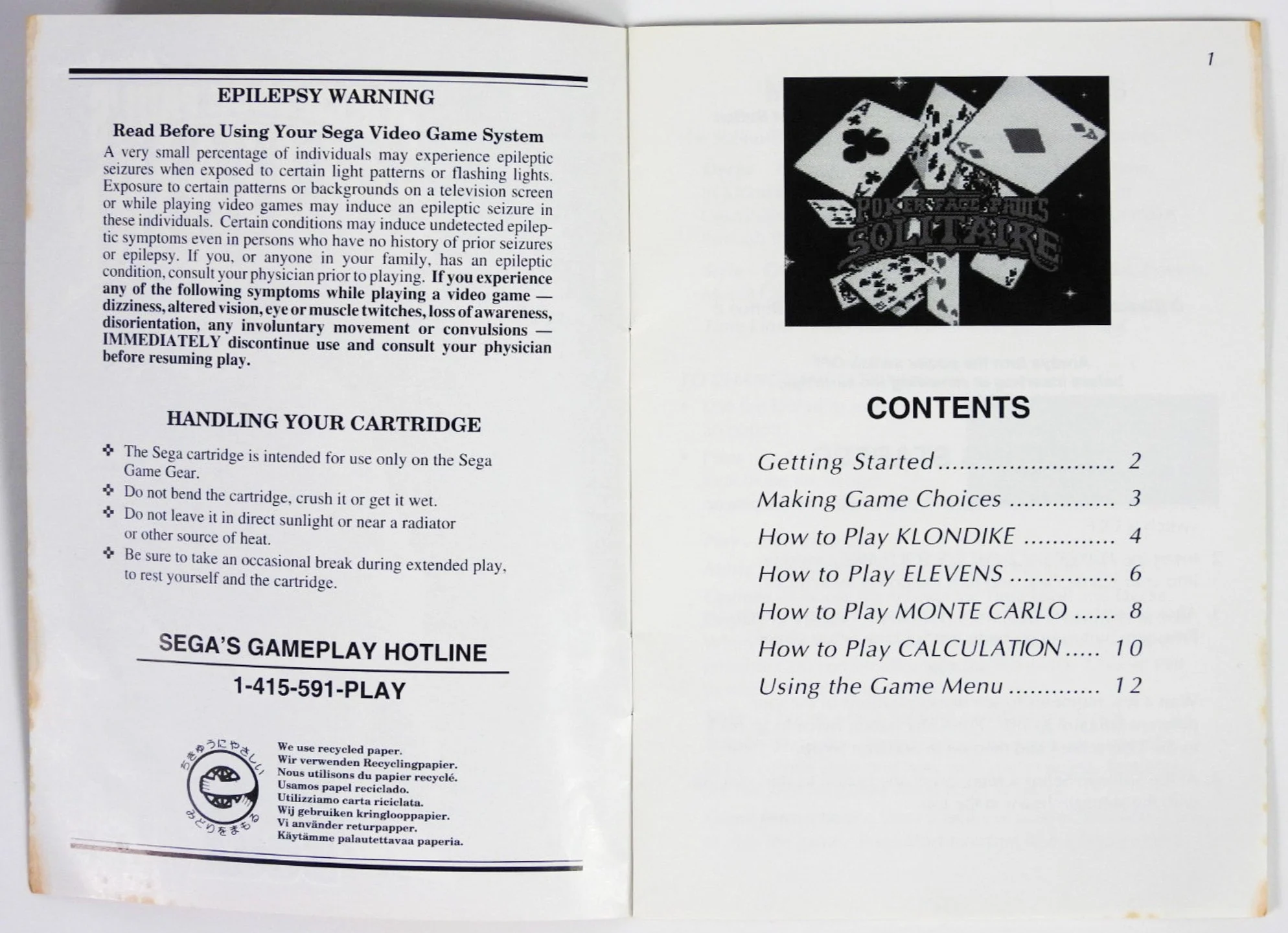 Poker Face Paul's Solitaire [Manual] (Sega Game Gear) - Image 3