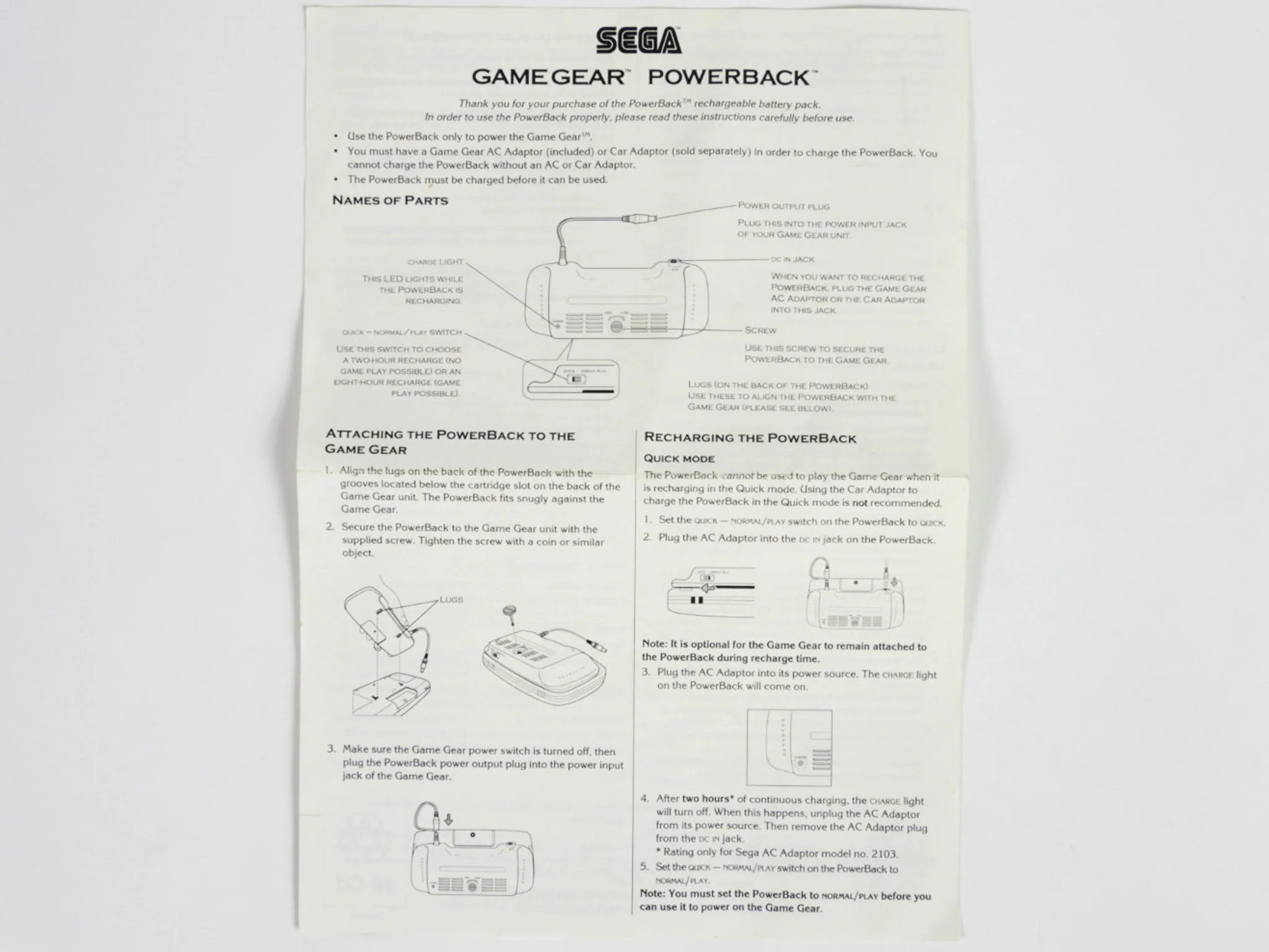 Sega Game Gear Powerback Instructions [Manual] (Sega Game Gear) - Image 3